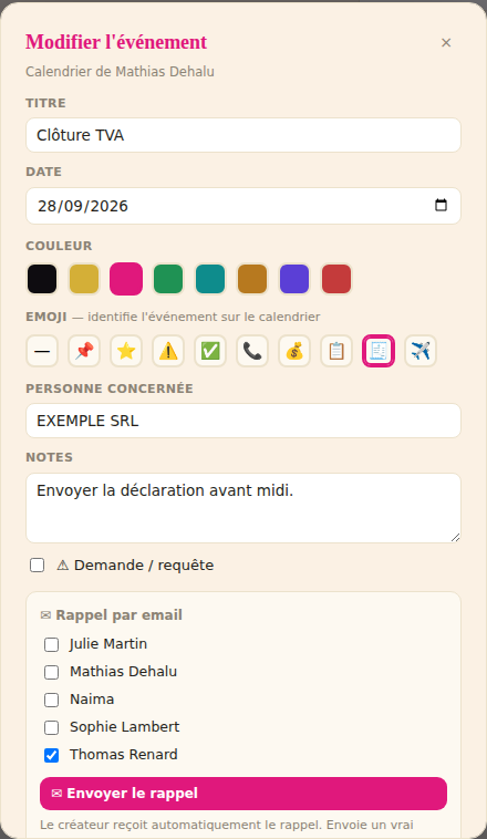 Fenêtre d’un événement avec titre, date, couleur, emoji, personne concernée, notes et rappel par e-mail