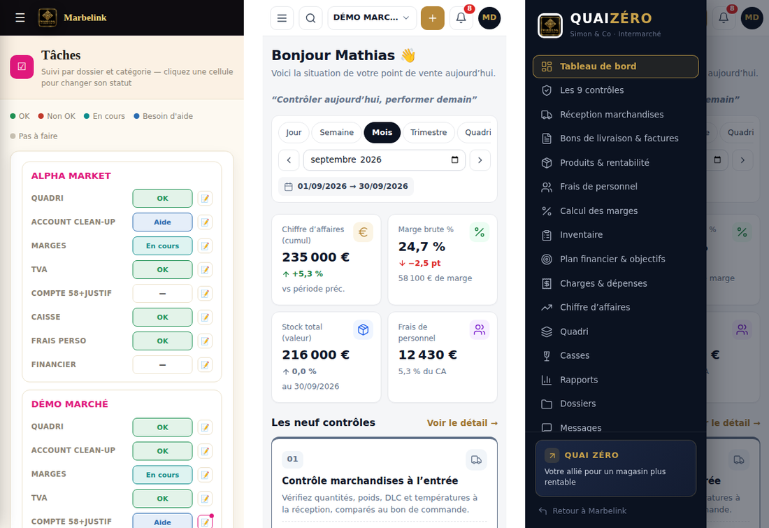 Trois écrans de téléphone : les tâches de Marbelink, le tableau de bord de QuaiZéro et son menu ouvert