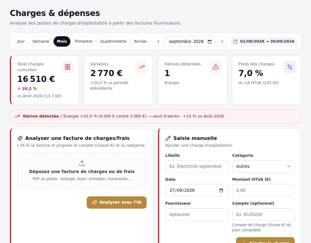 Page Charges et dépenses : total, variation, dérive détectée sur l’énergie