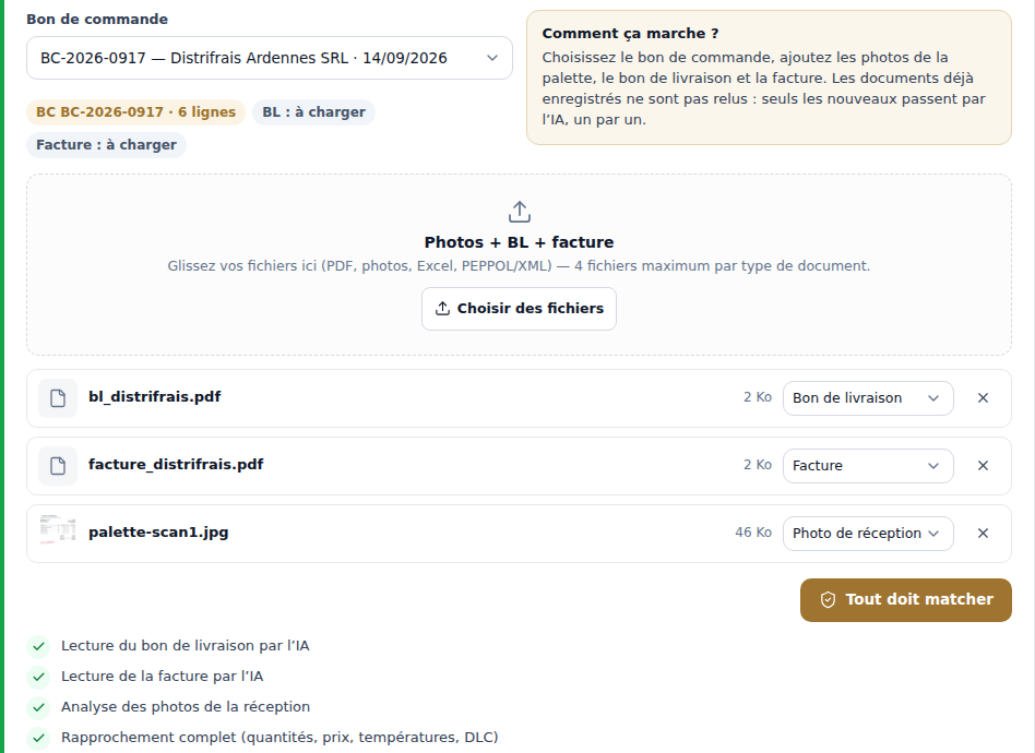 Choix du bon de commande, documents ajoutés et étapes de l’analyse