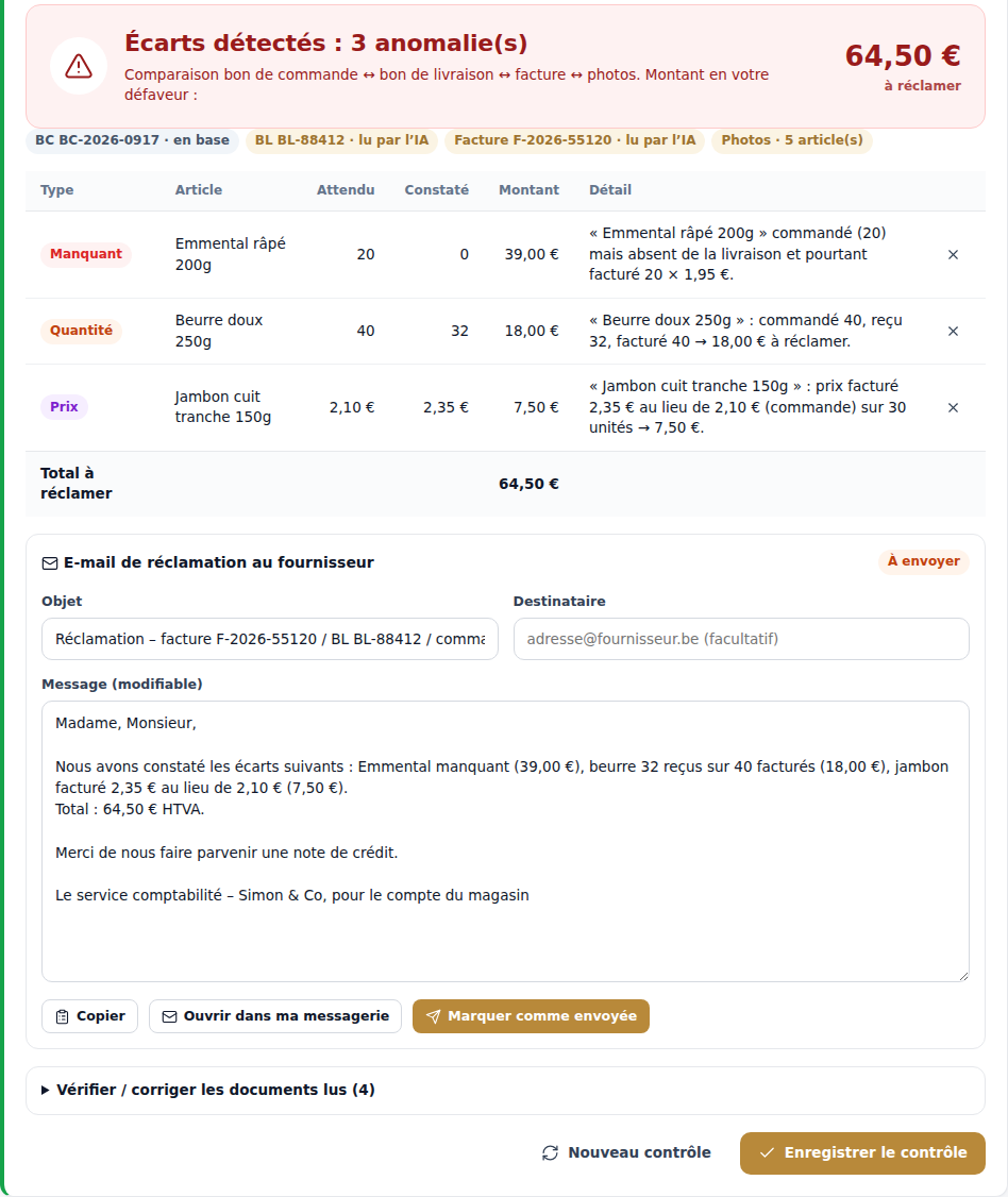 Résultat du contrôle : 3 anomalies pour 64,50 € et e-mail de réclamation