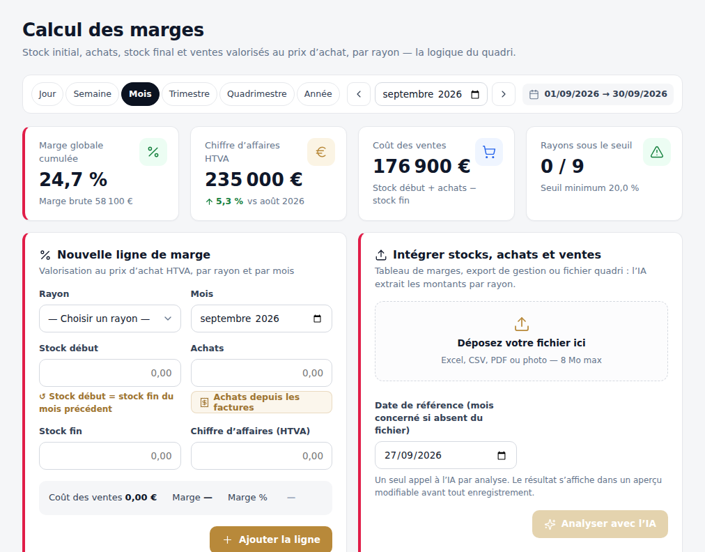 Page Calcul des marges : chiffres clés, saisie d’une ligne de marge et import de fichier