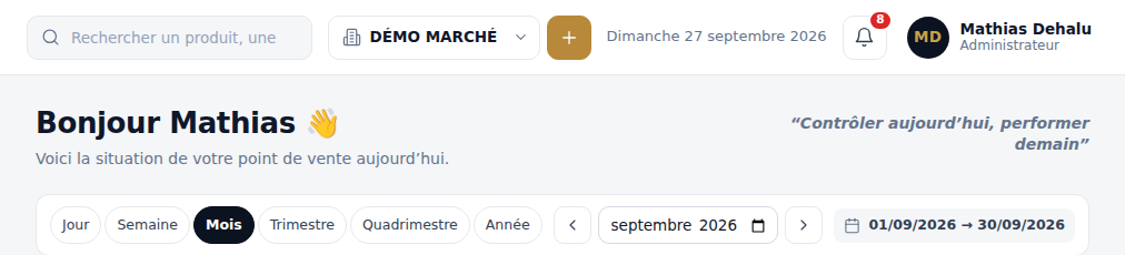 Barre du haut de QuaiZéro : recherche, choix de la société, date du jour, cloche des alertes ; en dessous le choix de la période